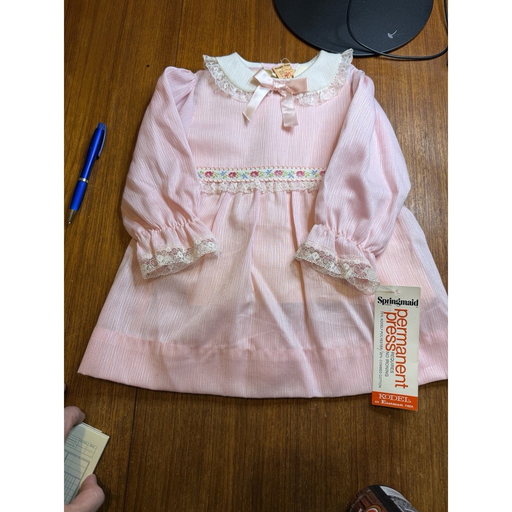 Vintage 1970s Kodel Eastman Girls 2T Dress Pink Lace Springmaid Deadstock NWT
